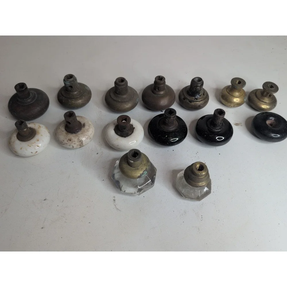Mixed Lot of 15 Antique Door Knobs Brass Ceramic Black White Clear Acrylic